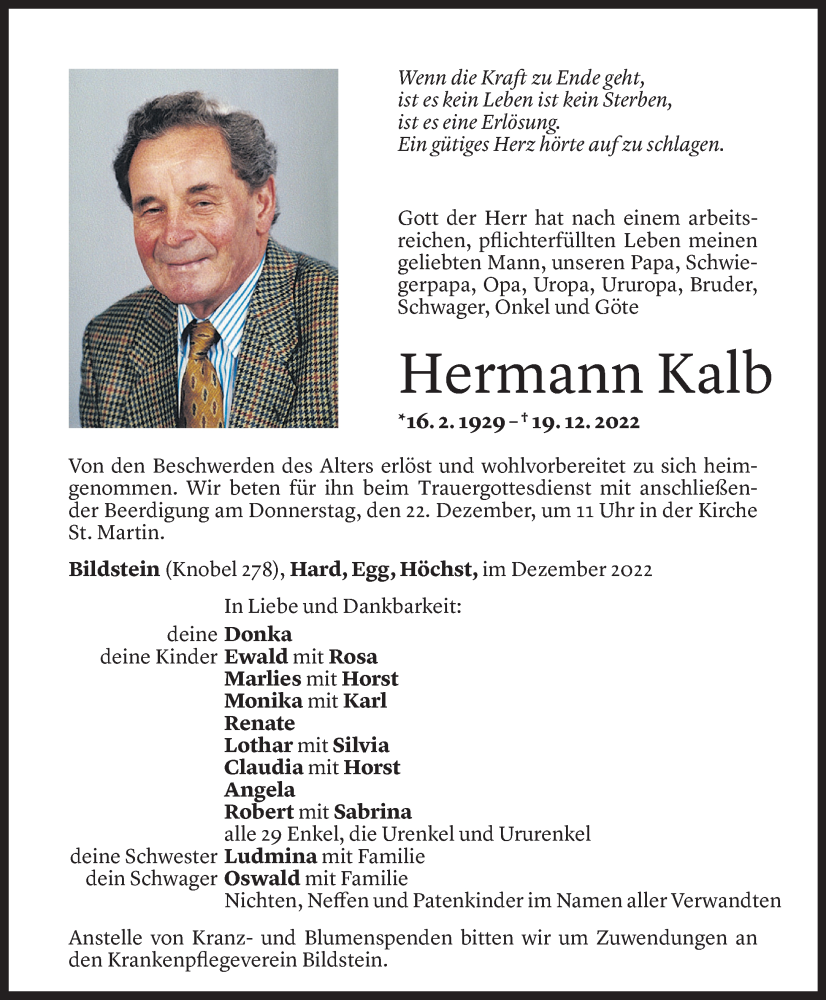 Todesanzeige für Hermann Kalb vom 19.12.2022 aus Vorarlberger Nachrichten