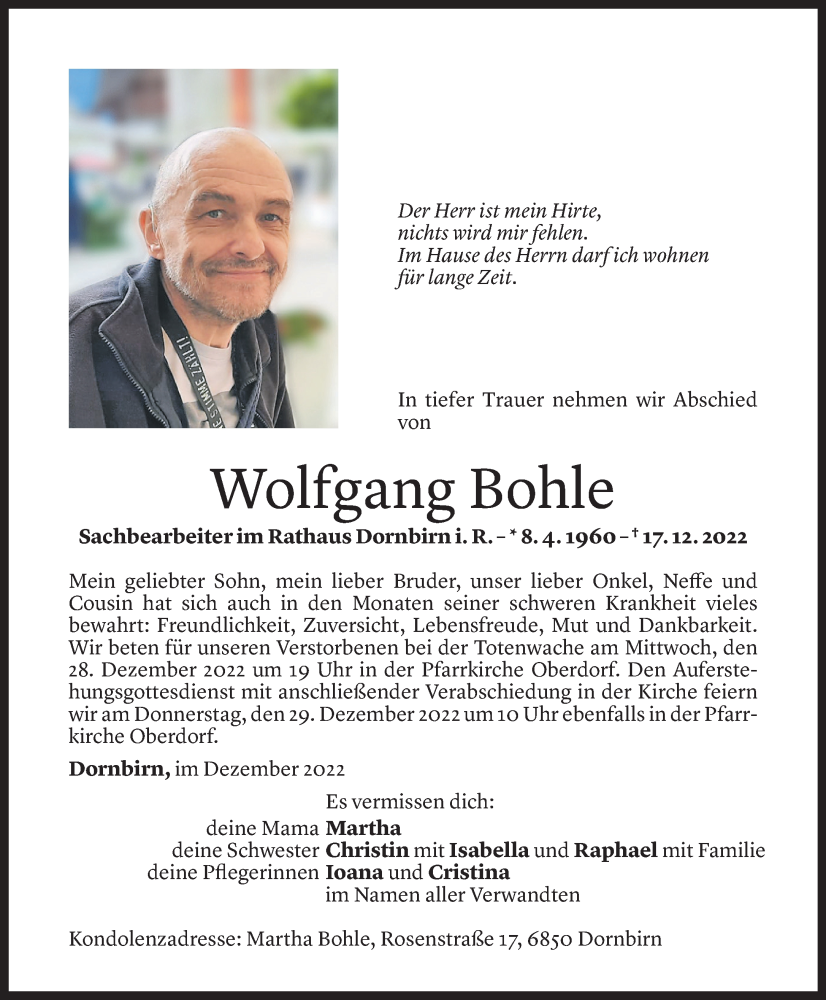  Todesanzeige für Wolfgang Bohle vom 23.12.2022 aus Vorarlberger Nachrichten