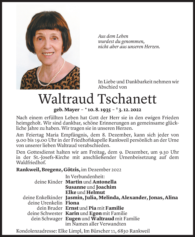  Todesanzeige für Waltraud Tschanett vom 06.12.2022 aus Vorarlberger Nachrichten
