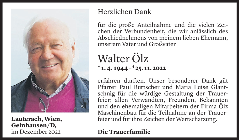  Todesanzeige für Walter Ölz vom 15.12.2022 aus Vorarlberger Nachrichten