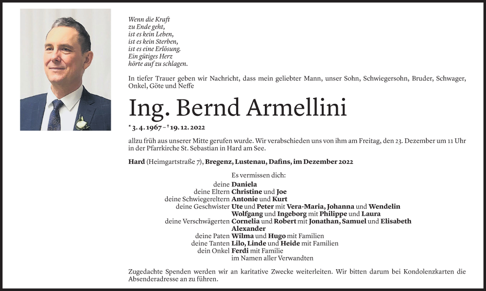  Todesanzeige für Bernd Armellini vom 21.12.2022 aus Vorarlberger Nachrichten
