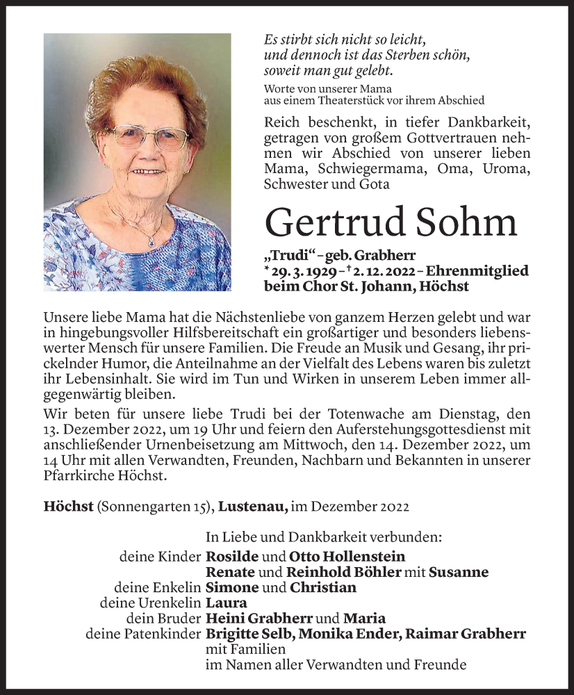  Todesanzeige für Gertrud Sohm vom 09.12.2022 aus Vorarlberger Nachrichten