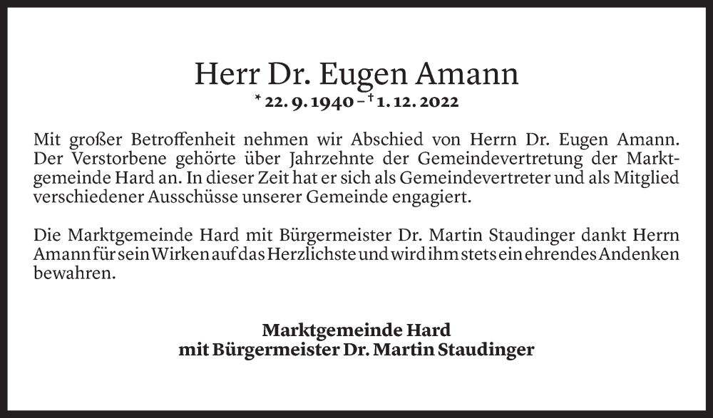  Todesanzeige für Eugen Amann vom 06.12.2022 aus Vorarlberger Nachrichten