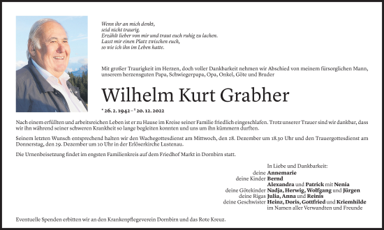Todesanzeige von Wilhelm Kurt Grabher von Vorarlberger Nachrichten