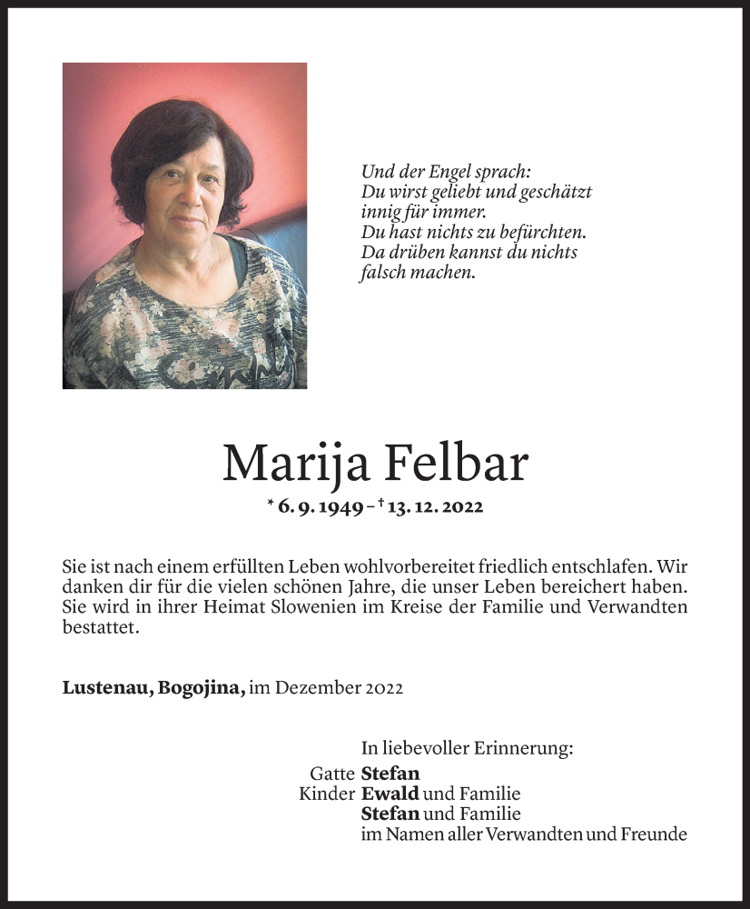  Todesanzeige für Marija Felbar vom 15.12.2022 aus v