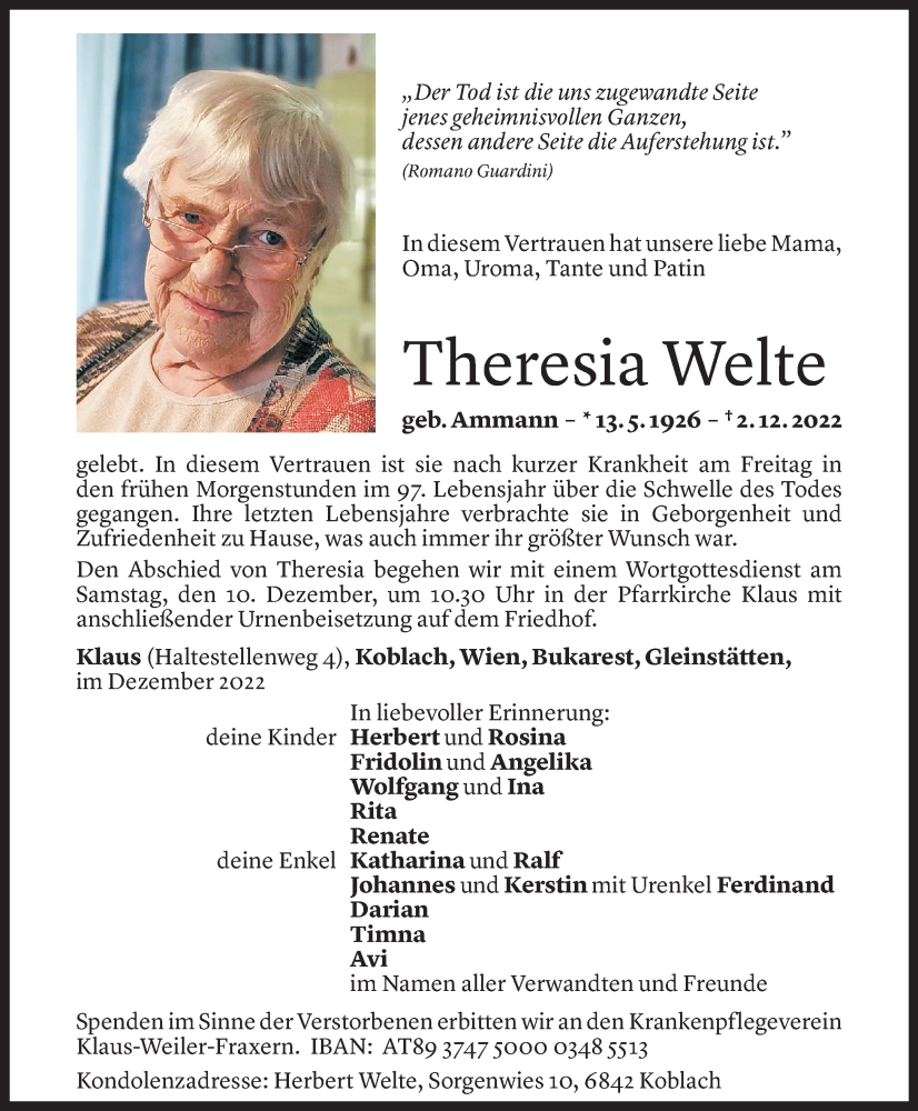  Todesanzeige für Theresia Welte vom 07.12.2022 aus Vorarlberger Nachrichten