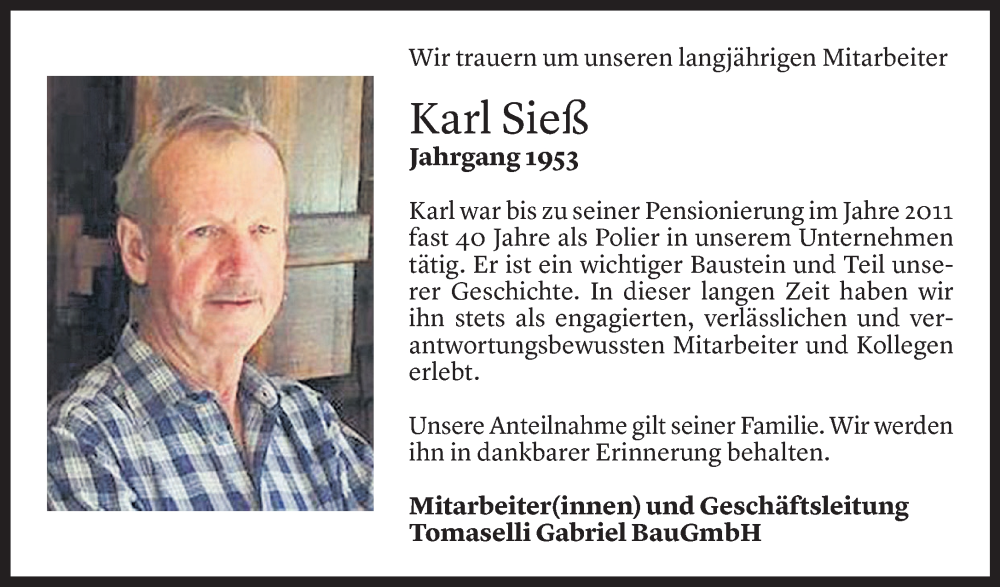  Todesanzeige für Karl Sieß vom 30.12.2022 aus Vorarlberger Nachrichten