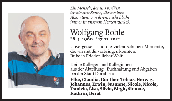 Todesanzeige von Wolfgang Bohle von Vorarlberger Nachrichten