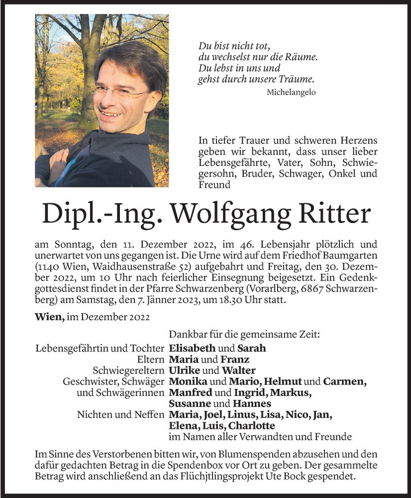  Todesanzeige für Wolfgang Ritter vom 20.12.2022 aus Vorarlberger Nachrichten