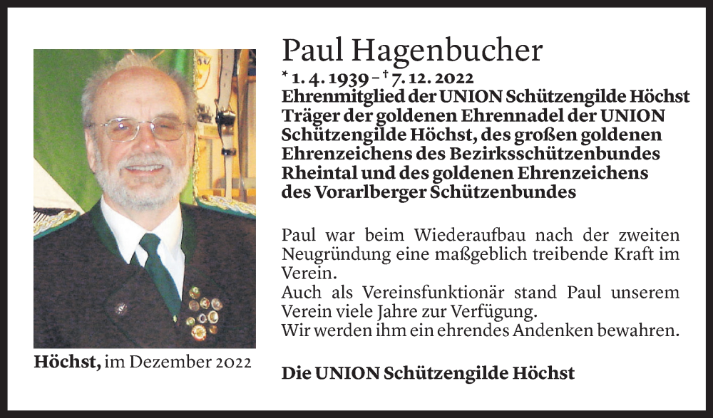  Todesanzeige für Paul Hagenbucher vom 16.12.2022 aus Vorarlberger Nachrichten