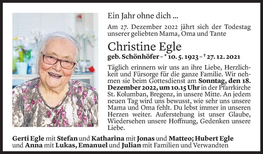  Todesanzeige für Christine Egle vom 15.12.2022 aus Vorarlberger Nachrichten