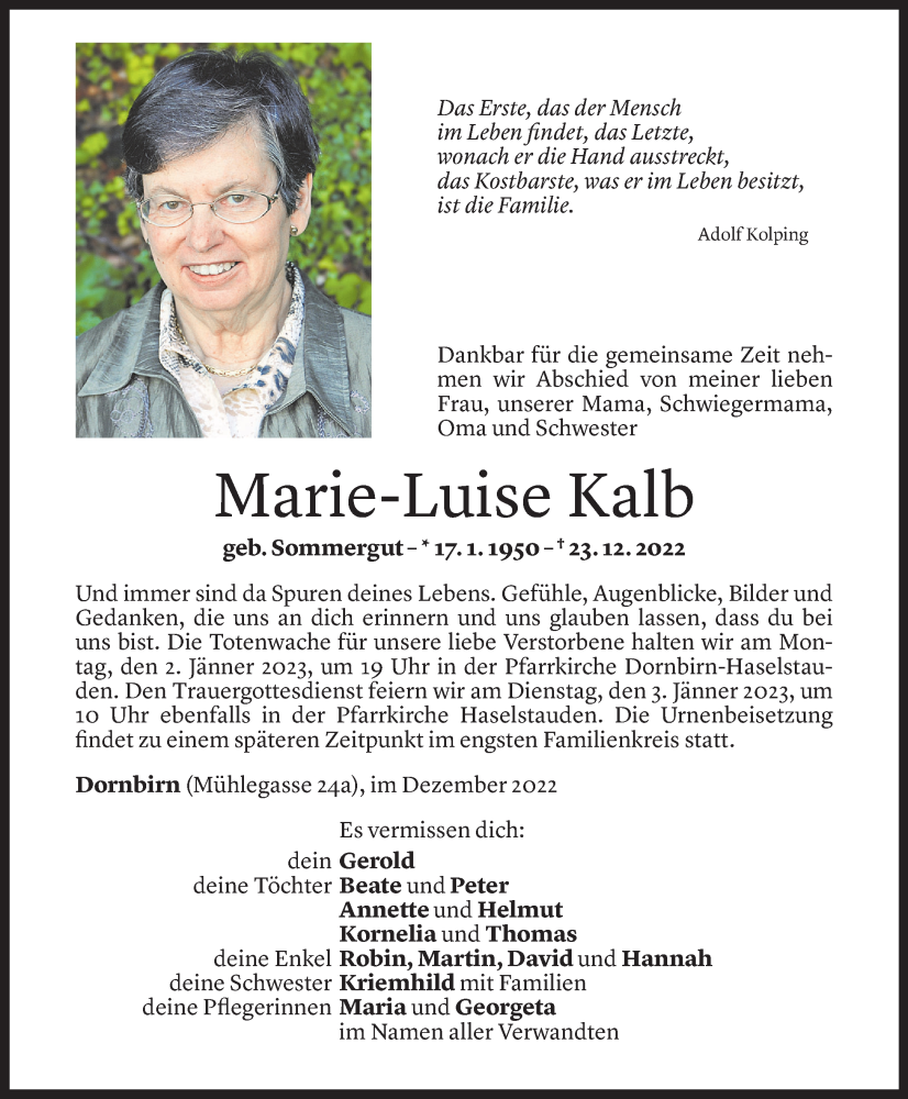  Todesanzeige für Marie-Luise Kalb vom 28.12.2022 aus Vorarlberger Nachrichten