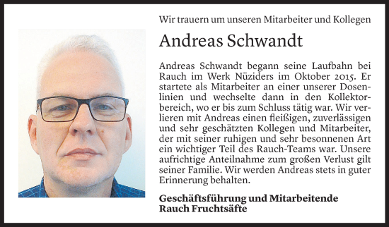 Todesanzeige von Andreas Schwandt von Vorarlberger Nachrichten