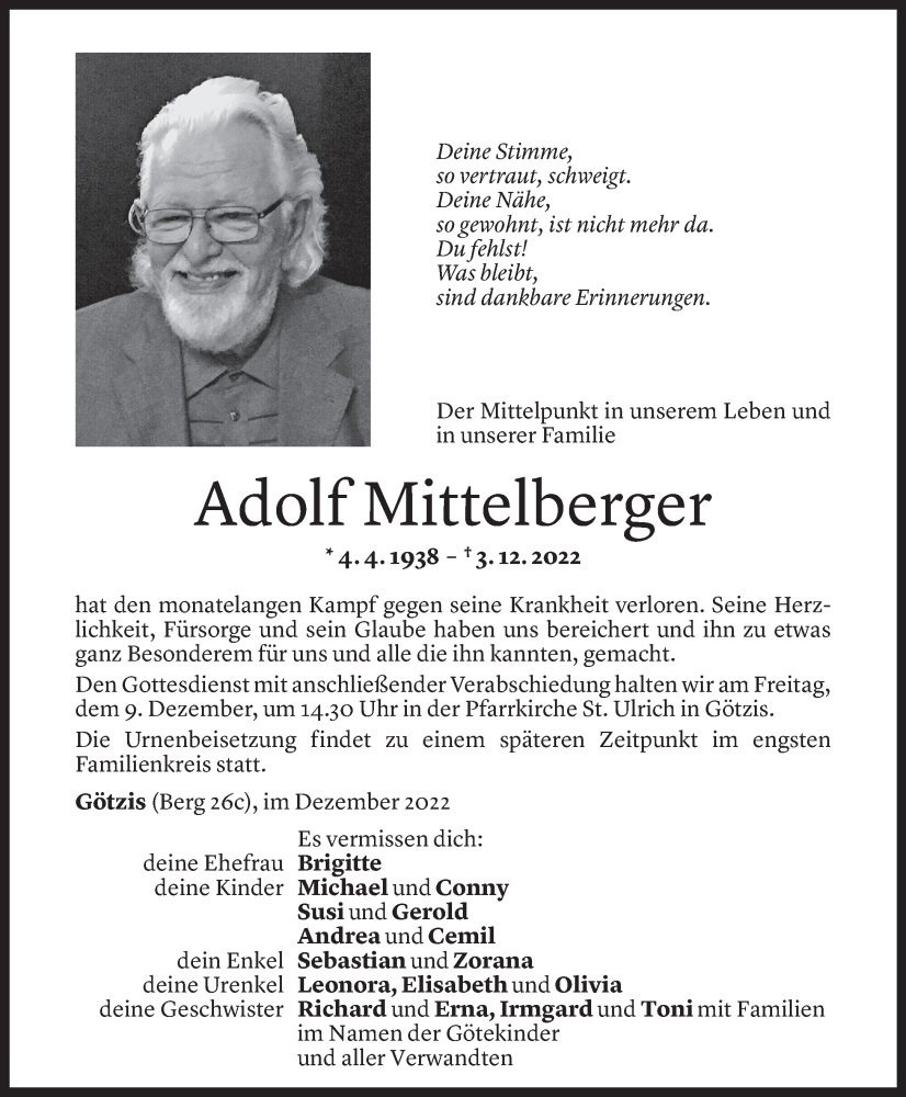  Todesanzeige für Adolf Mittelberger vom 07.12.2022 aus Vorarlberger Nachrichten
