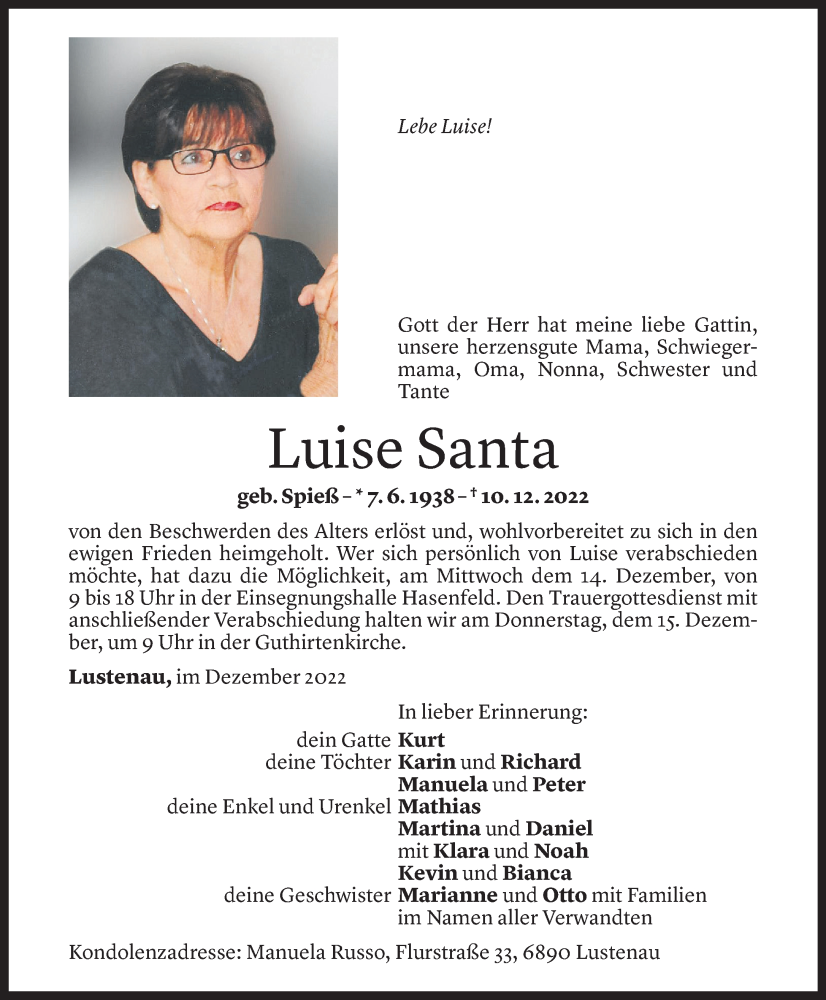  Todesanzeige für Luise Santa vom 13.12.2022 aus Vorarlberger Nachrichten