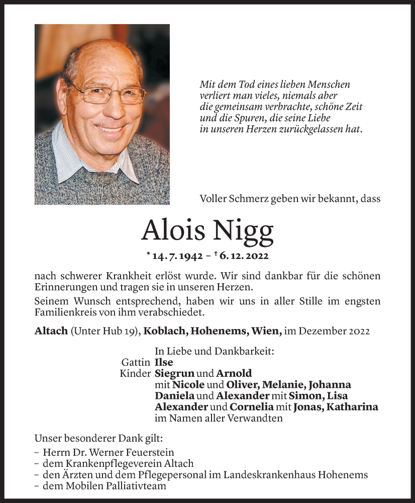 Todesanzeige für Alois Nigg vom 13.12.2022 aus Vorarlberger Nachrichten