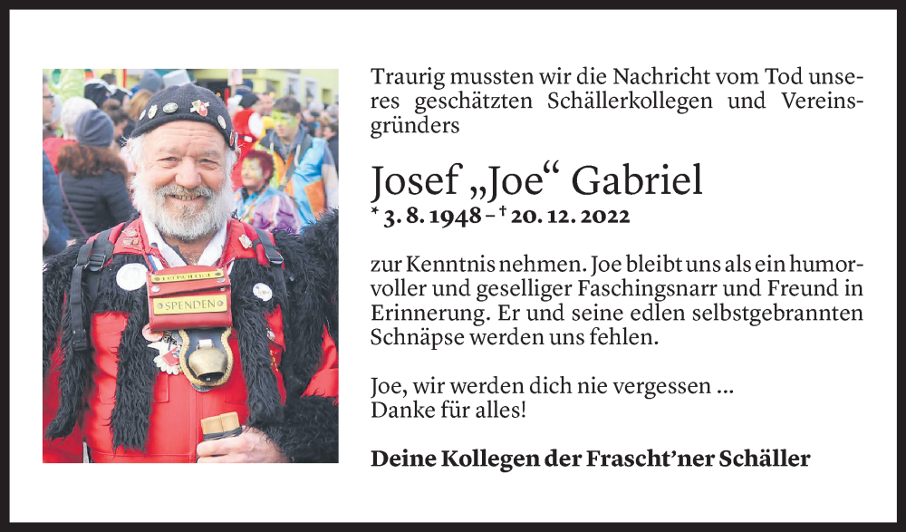  Todesanzeige für Josef Gabriel vom 23.12.2022 aus Vorarlberger Nachrichten