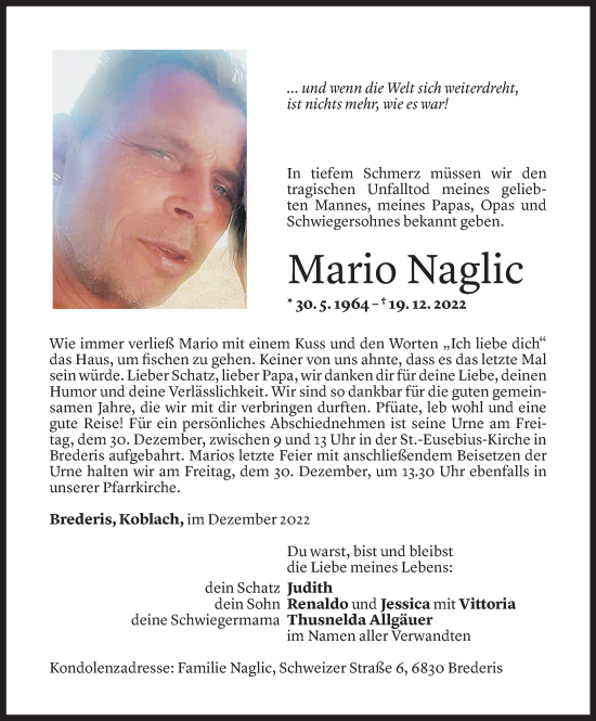 Todesanzeige von Mario Naglic von Vorarlberger Nachrichten