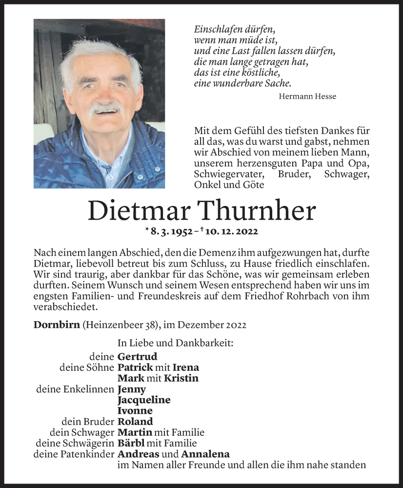  Todesanzeige für Dietmar Thurnher vom 21.12.2022 aus Vorarlberger Nachrichten