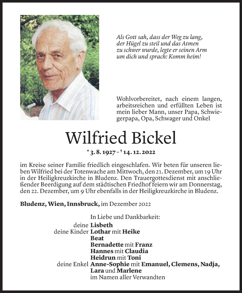  Todesanzeige für Wilfried Bickel vom 19.12.2022 aus Vorarlberger Nachrichten