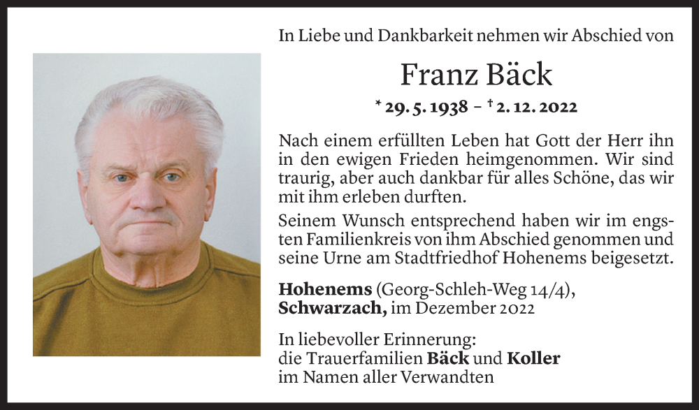  Todesanzeige für Franz Bäck vom 10.12.2022 aus Vorarlberger Nachrichten