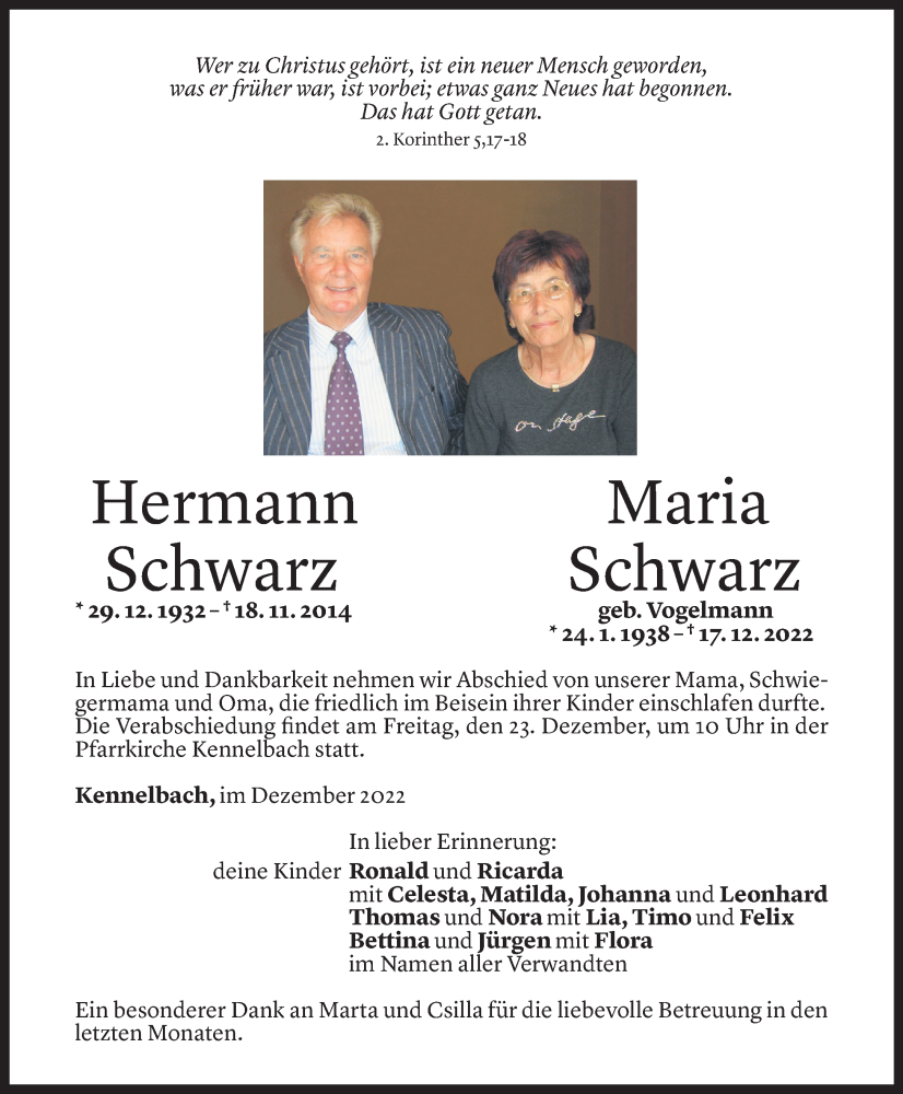  Todesanzeige für Maria Schwarz vom 21.12.2022 aus Vorarlberger Nachrichten
