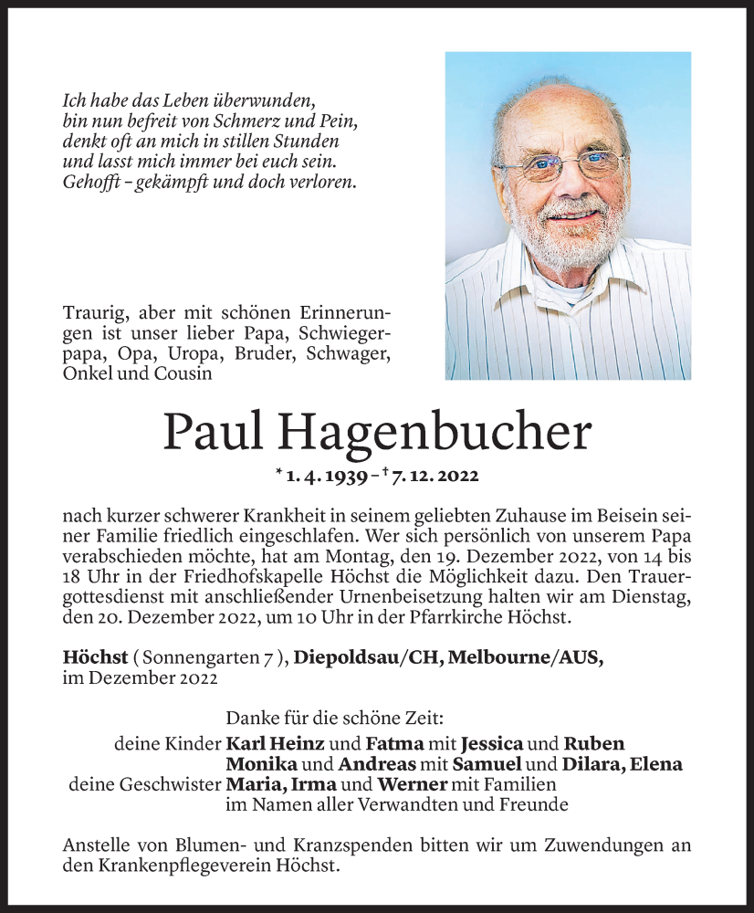  Todesanzeige für Paul Hagenbucher vom 15.12.2022 aus Vorarlberger Nachrichten