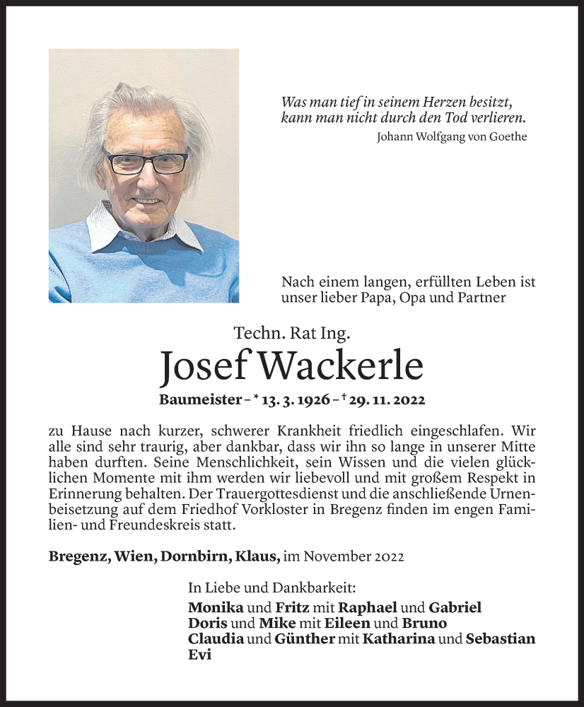 Todesanzeige für Josef Wackerle vom 09.12.2022 aus Vorarlberger Nachrichten