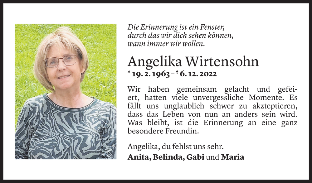  Todesanzeige für Angelika Wirtensohn vom 10.12.2022 aus Vorarlberger Nachrichten