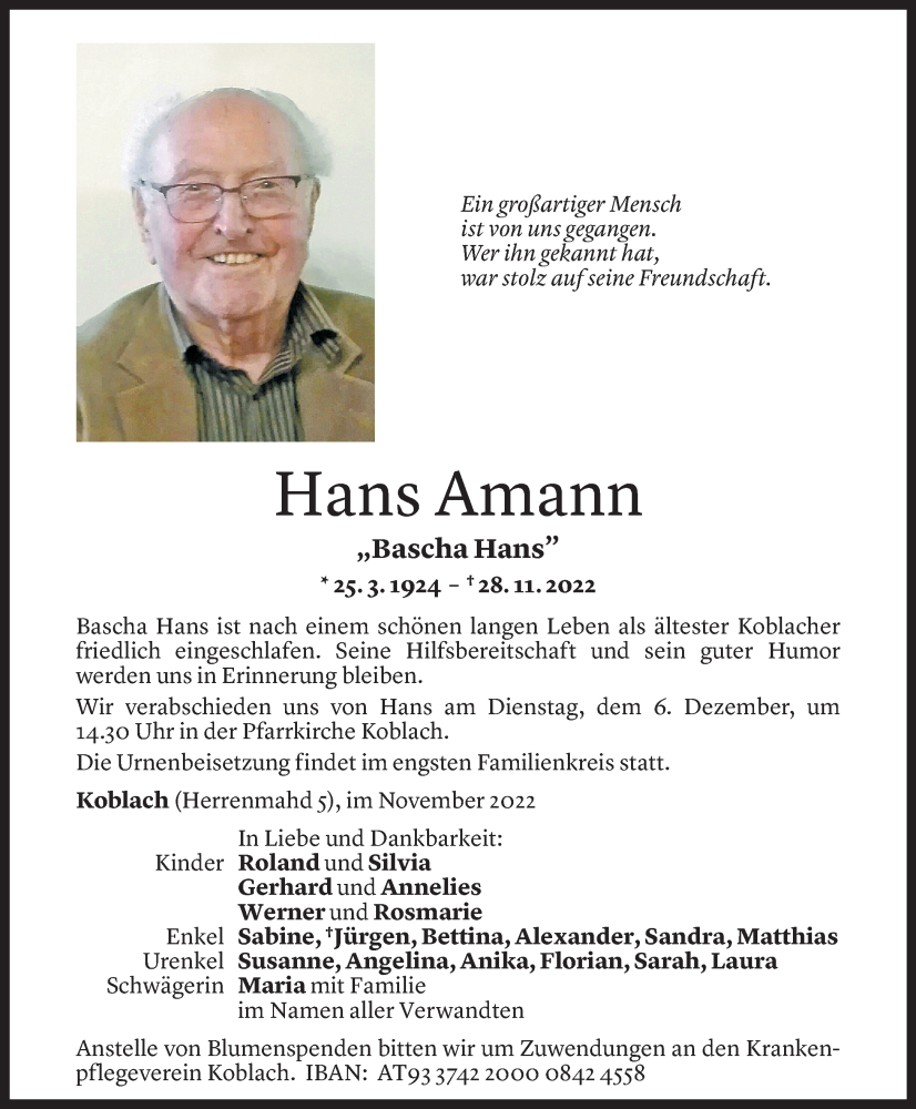  Todesanzeige für Hans Amann vom 03.12.2022 aus Vorarlberger Nachrichten