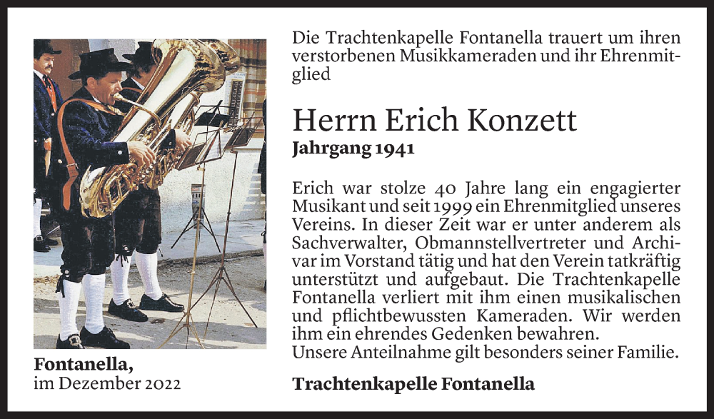  Todesanzeige für Erich Konzett vom 13.12.2022 aus Vorarlberger Nachrichten