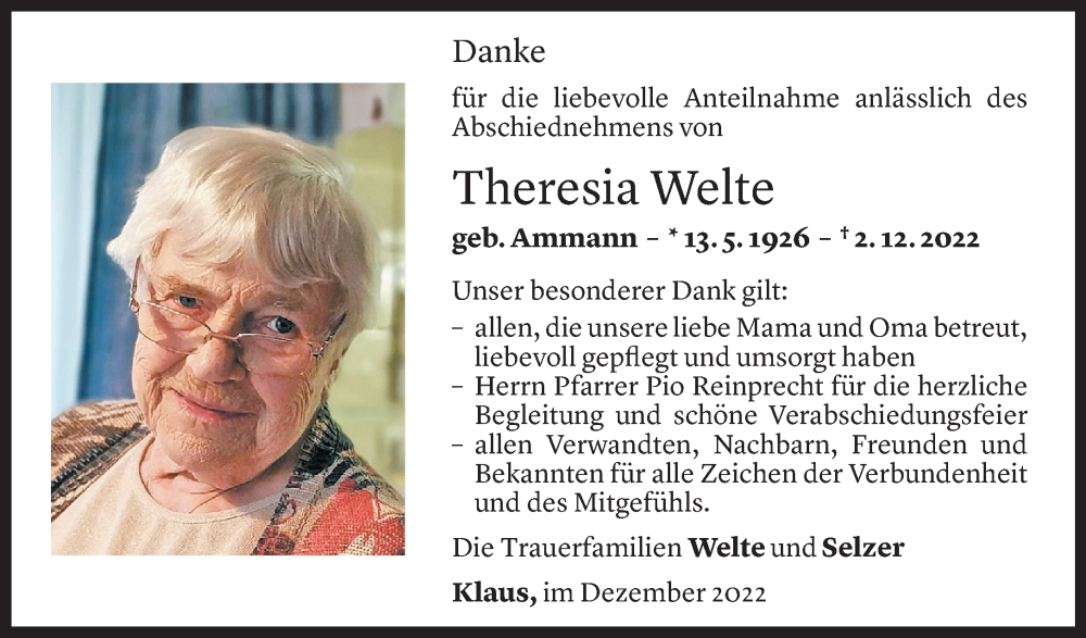  Todesanzeige für Theresia Welte vom 30.12.2022 aus Vorarlberger Nachrichten
