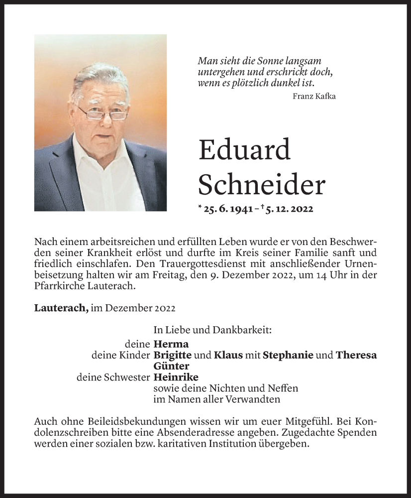  Todesanzeige für Eduard Schneider vom 06.12.2022 aus Vorarlberger Nachrichten