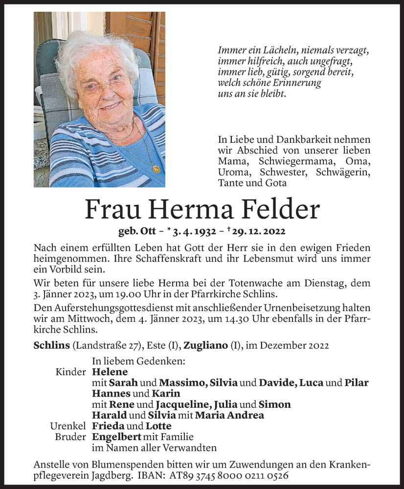  Todesanzeige für Herma Felder vom 31.12.2022 aus Vorarlberger Nachrichten