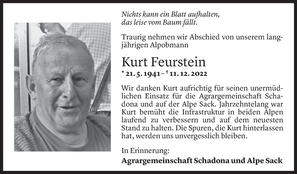  Todesanzeige für Kurt Feurstein vom 13.12.2022 aus Vorarlberger Nachrichten