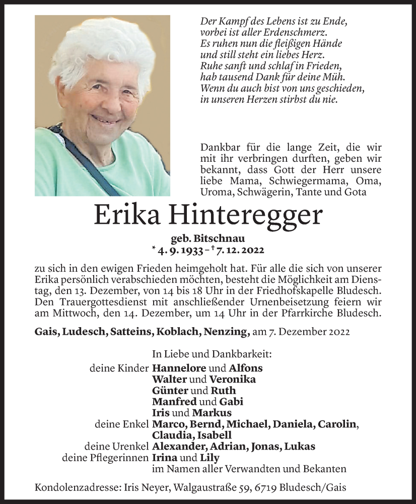  Todesanzeige für Erika Hinteregger vom 09.12.2022 aus Vorarlberger Nachrichten