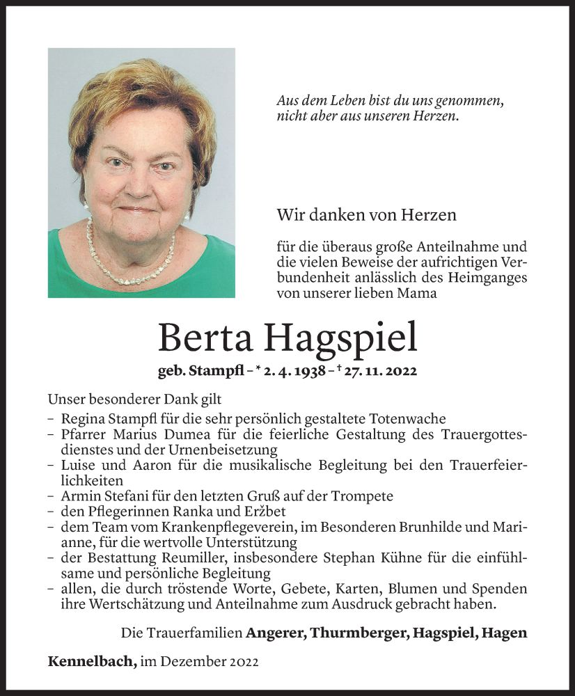  Todesanzeige für Berta Hagspiel vom 16.12.2022 aus Vorarlberger Nachrichten