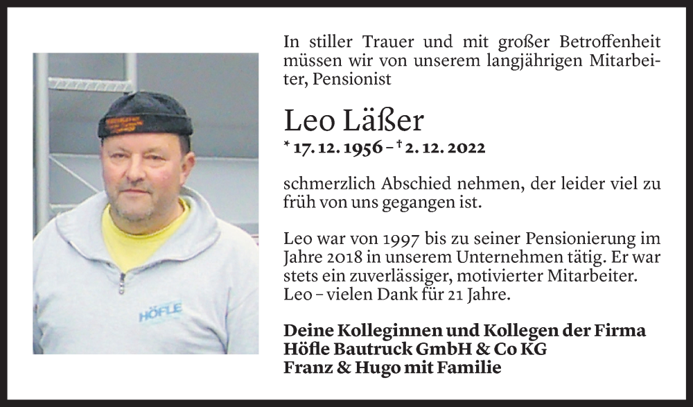  Todesanzeige für Leo Läßer vom 09.12.2022 aus Vorarlberger Nachrichten