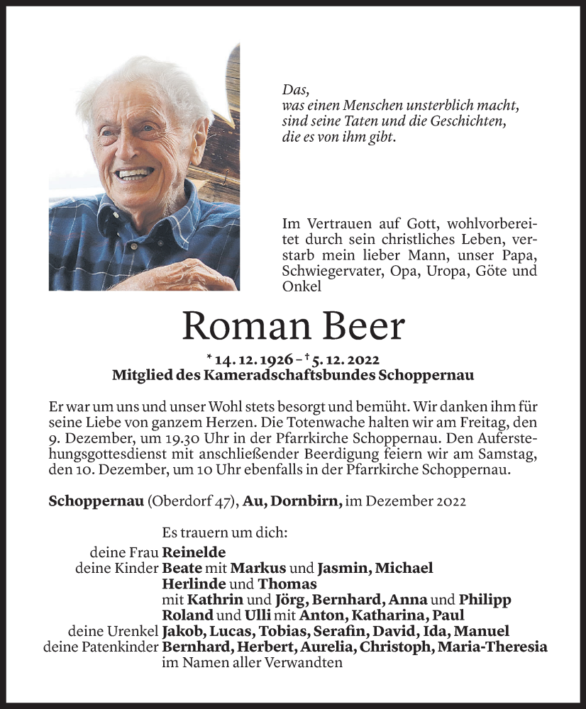 Todesanzeige für Roman Beer vom 07.12.2022 aus Vorarlberger Nachrichten