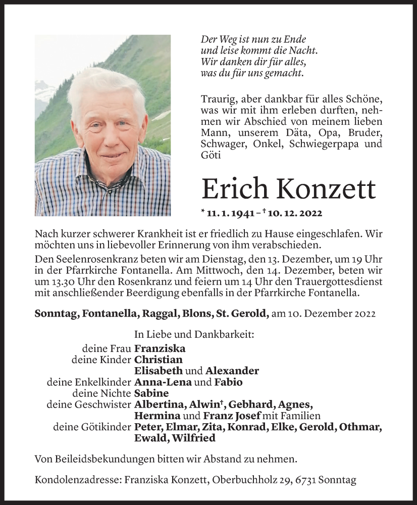  Todesanzeige für Erich Konzett vom 11.12.2022 aus Vorarlberger Nachrichten