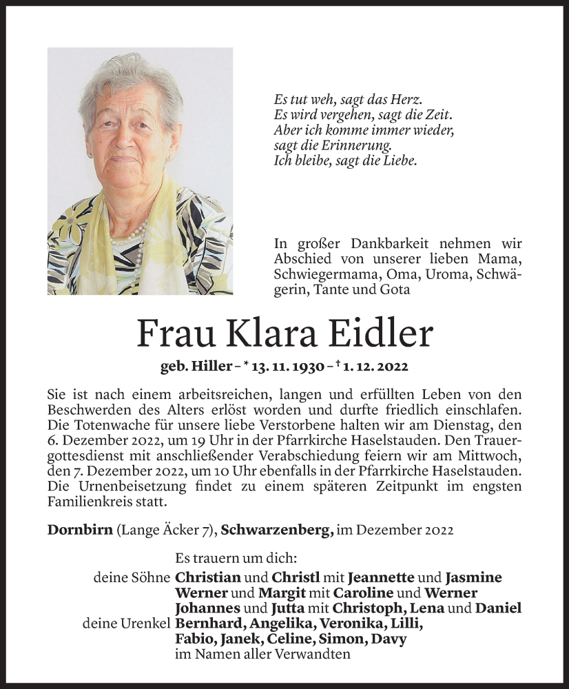  Todesanzeige für Klara Eidler vom 03.12.2022 aus Vorarlberger Nachrichten