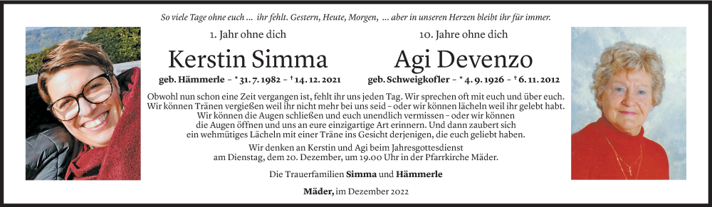  Todesanzeige für Kerstin Simma vom 14.12.2022 aus Vorarlberger Nachrichten