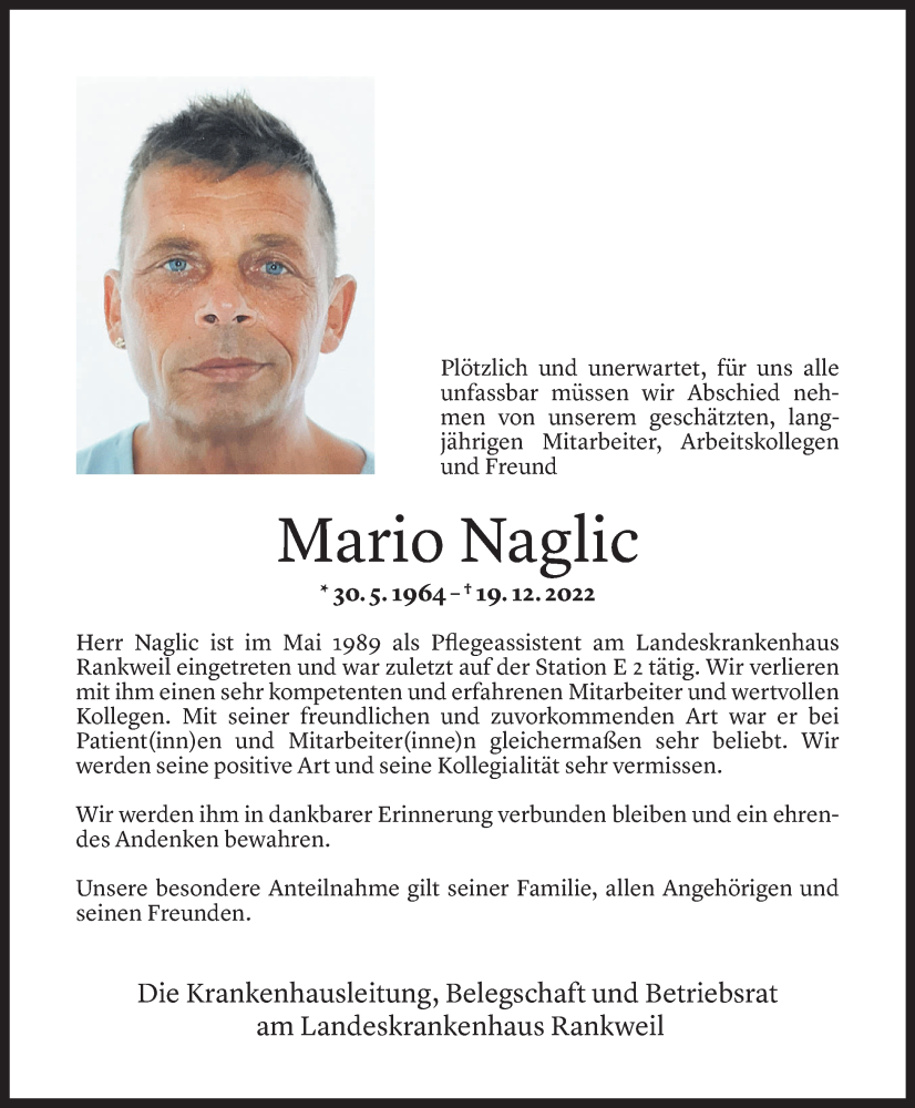  Todesanzeige für Mario Naglic vom 27.12.2022 aus Vorarlberger Nachrichten