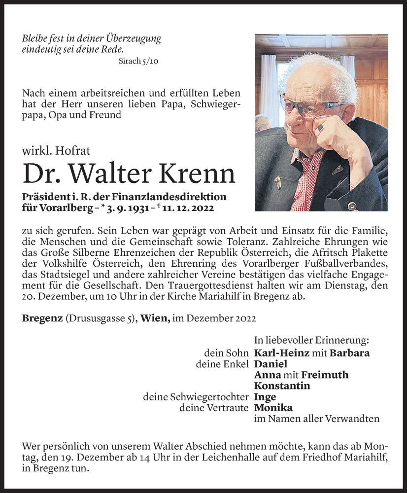  Todesanzeige für Walter Krenn vom 14.12.2022 aus Vorarlberger Nachrichten