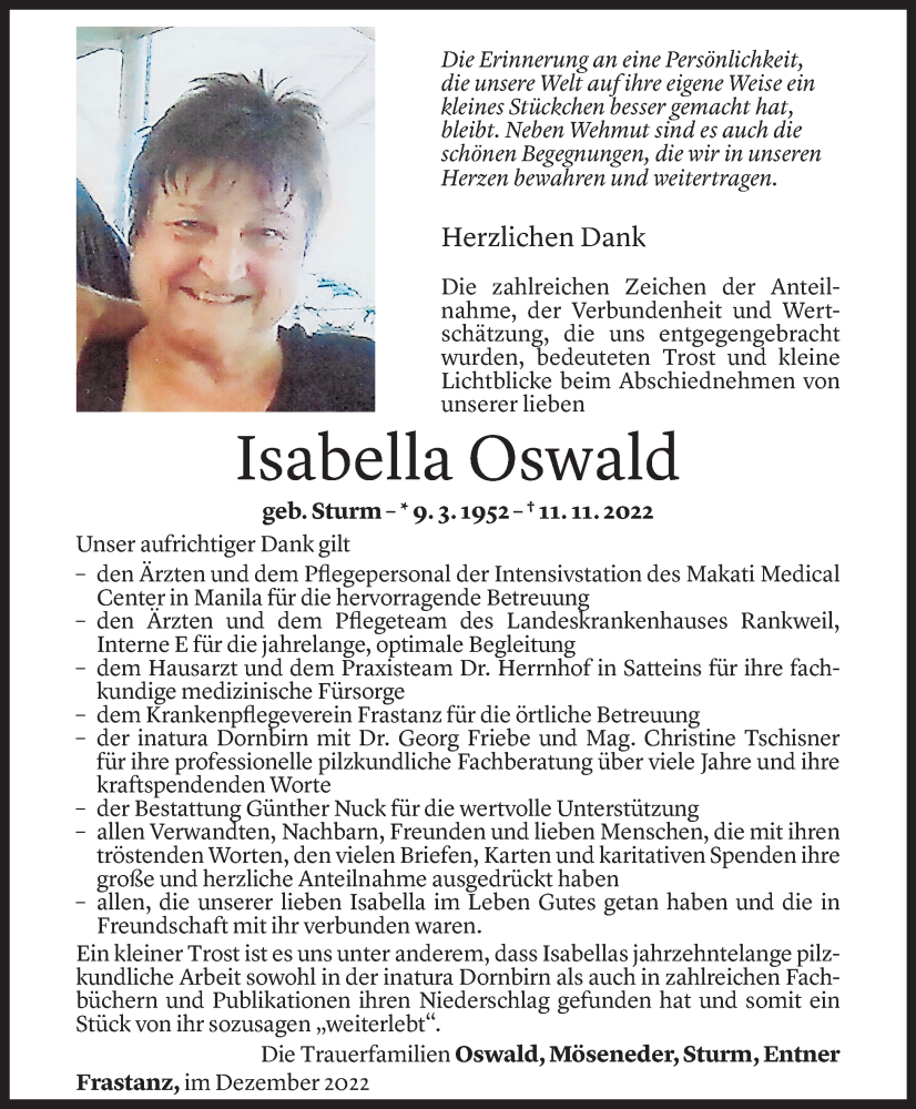  Todesanzeige für Isabella Oswald vom 16.12.2022 aus Vorarlberger Nachrichten