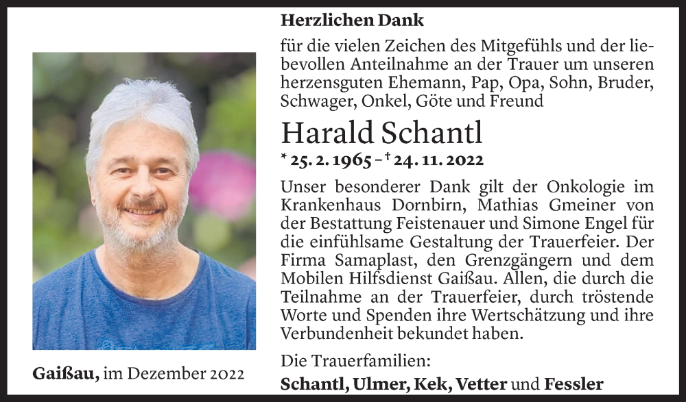  Todesanzeige für Harald Schantl vom 16.12.2022 aus Vorarlberger Nachrichten