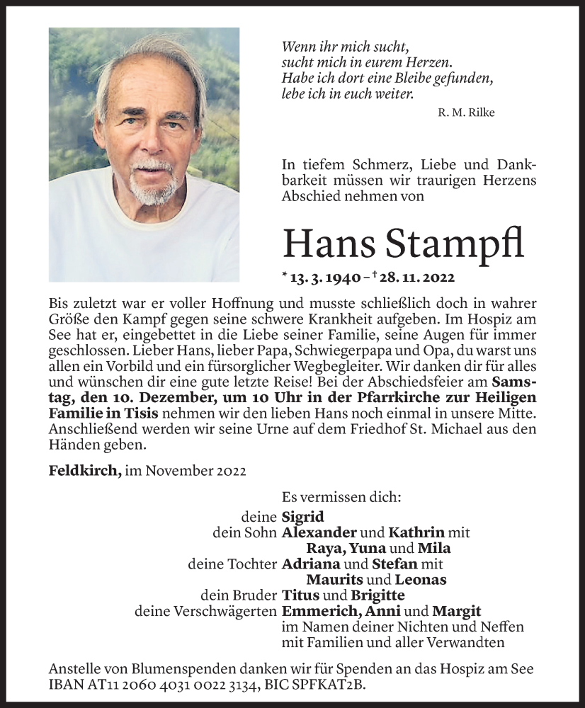  Todesanzeige für Hans Stampfl vom 07.12.2022 aus Vorarlberger Nachrichten