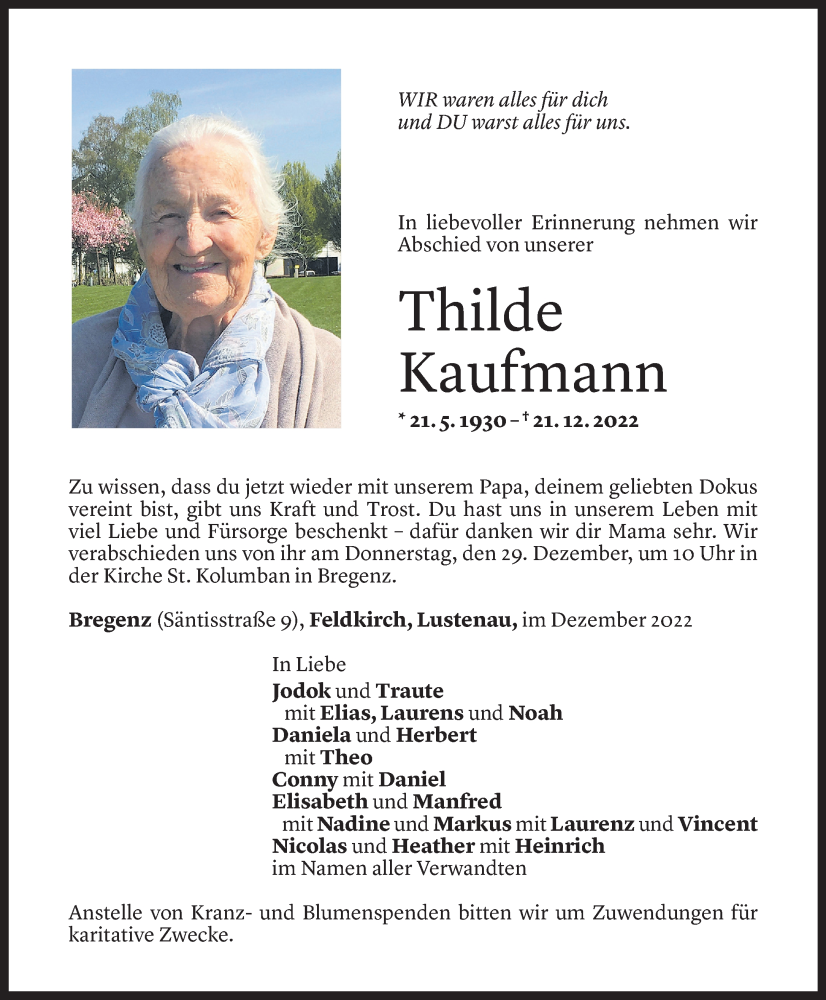 Todesanzeige für Thilde Kaufmann vom 23.12.2022 aus Vorarlberger Nachrichten