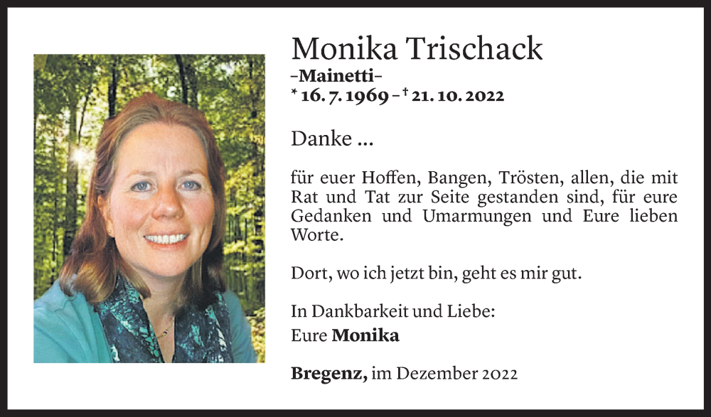 Todesanzeige für Monika Trischack vom 07.12.2022 aus Vorarlberger Nachrichten