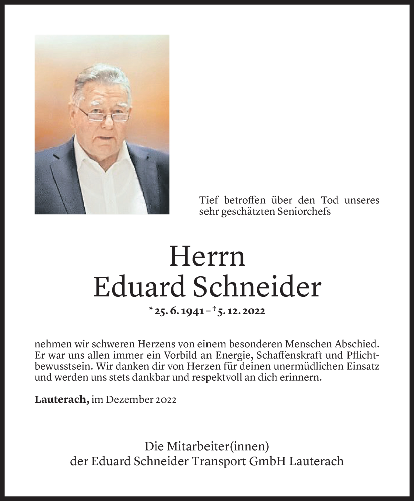  Todesanzeige für Eduard Schneider vom 05.12.2022 aus Vorarlberger Nachrichten